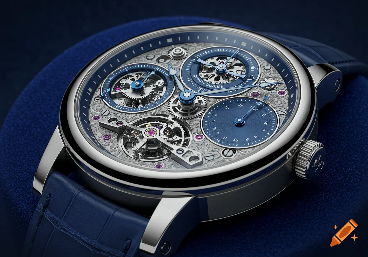 Close-up of a luxury mechanical watch with an intricate open silver dial, blue sub-dials, and a blue crocodile leather strap.