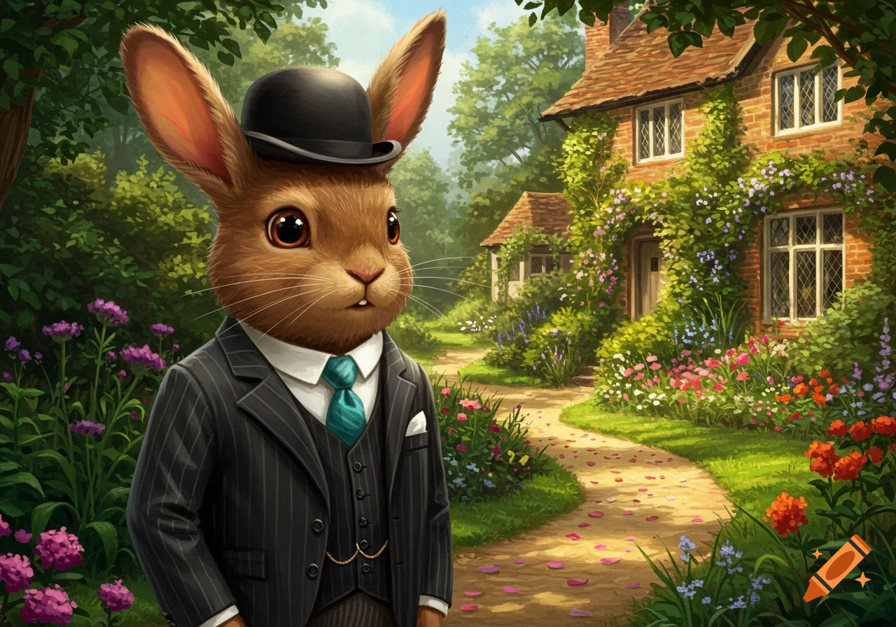 An anthropomorphic rabbit in a black pinstripe suit and bowler hat stands on a path in a lush garden next to a charming cottage.