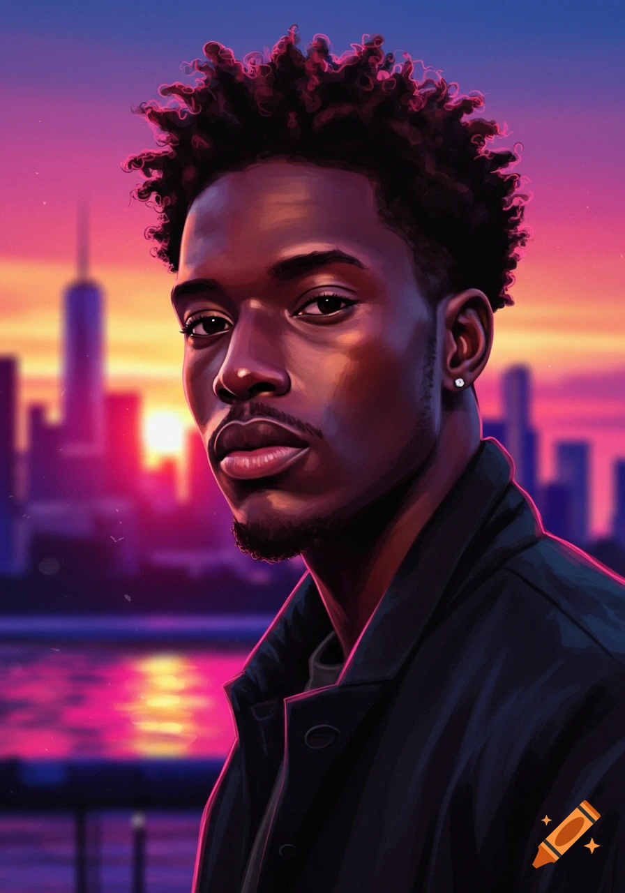 Digital art portrait of a Black man with curly hair and an earring, against a vibrant, neon cityscape at sunset.