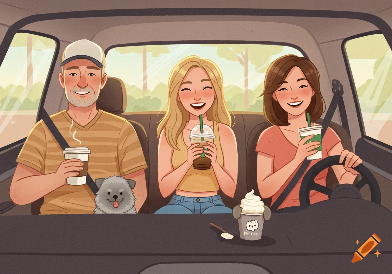 A cheerful cartoon illustration of a family of three and a dog in a car, smiling while holding drinks.