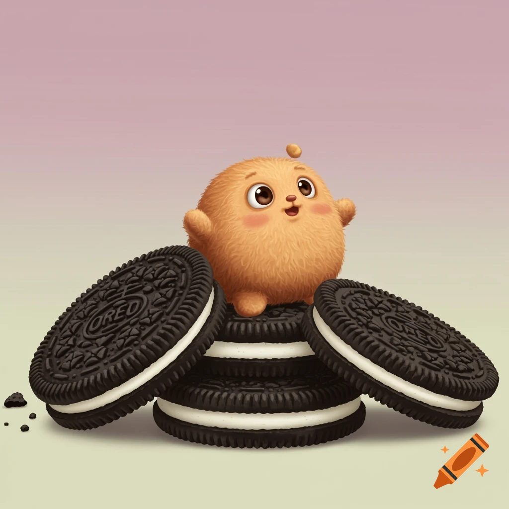 A cute, fluffy orange creature sits atop a stack of Oreo cookies, with more cookies surrounding it in an illustrative style.