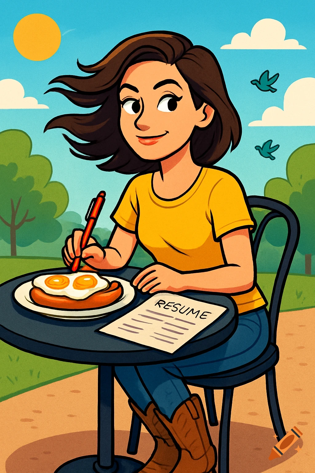 Cartoon illustration of a young woman with brown hair sitting at an outdoor table with breakfast, a resume, and a pen.
