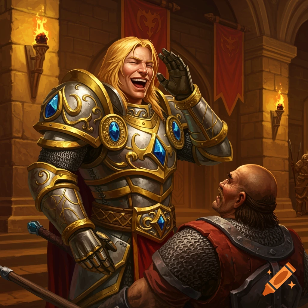 A blonde paladin in ornate gold and silver armor laughs heartily while looking down at a bald warrior in a fantasy castle hall, digital art.