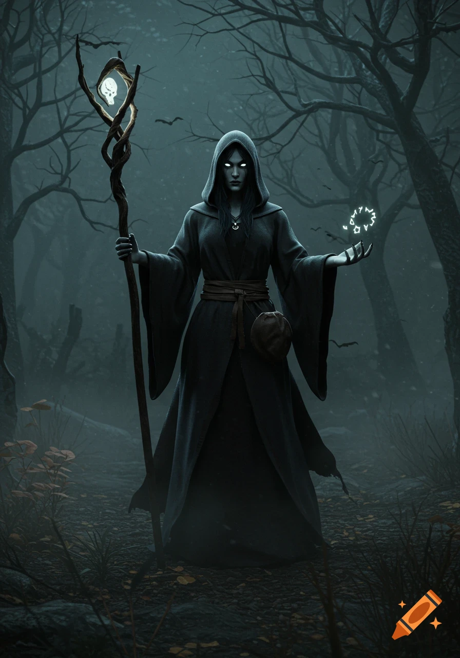 A hooded witch with glowing eyes stands in a dark, misty forest, holding a skull-topped staff and conjuring glowing symbols.