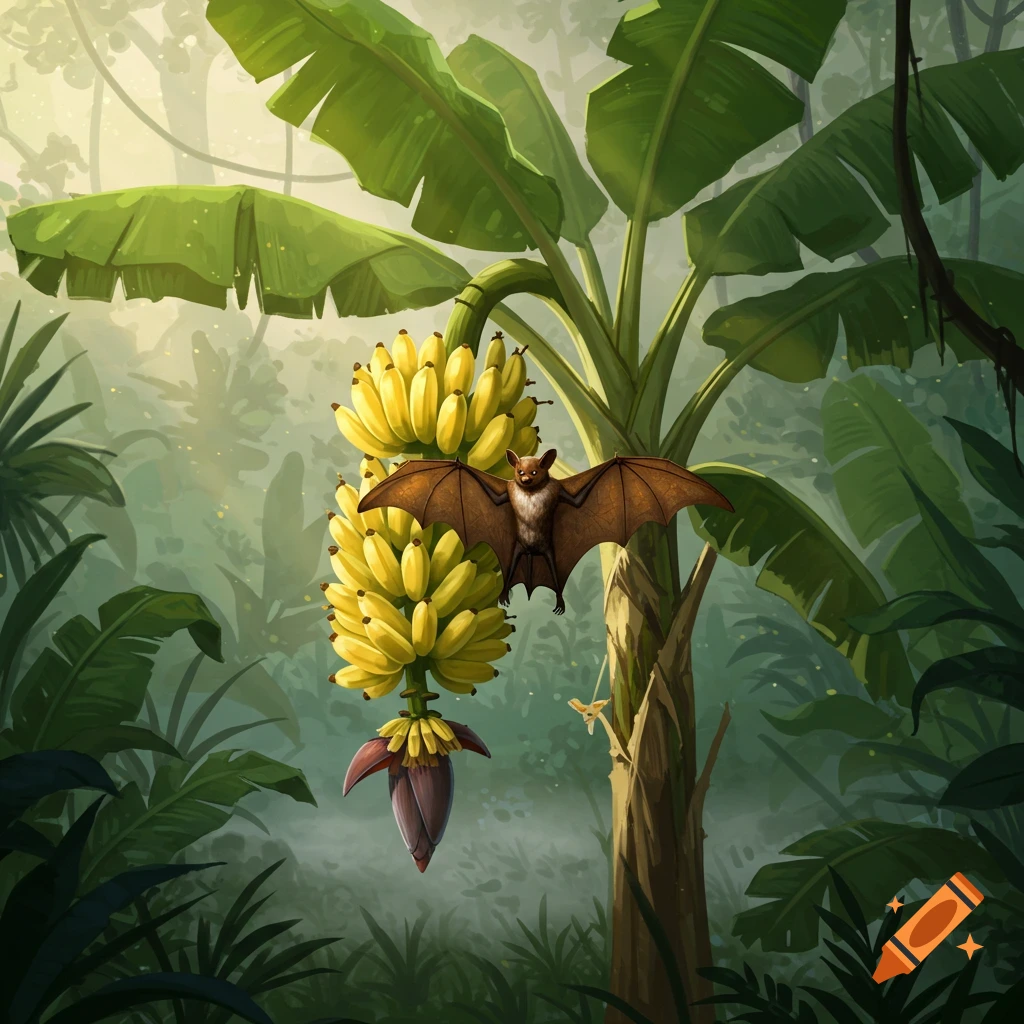 A brown bat flying near a large bunch of ripe yellow bananas on a tall banana tree in a lush green jungle.