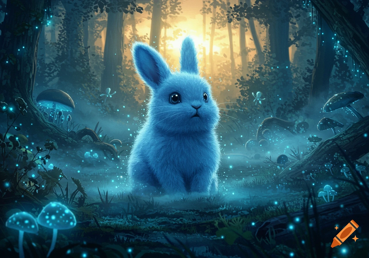 A fluffy blue bunny sits in a dark, glowing magical forest with luminous mushrooms and plants.
