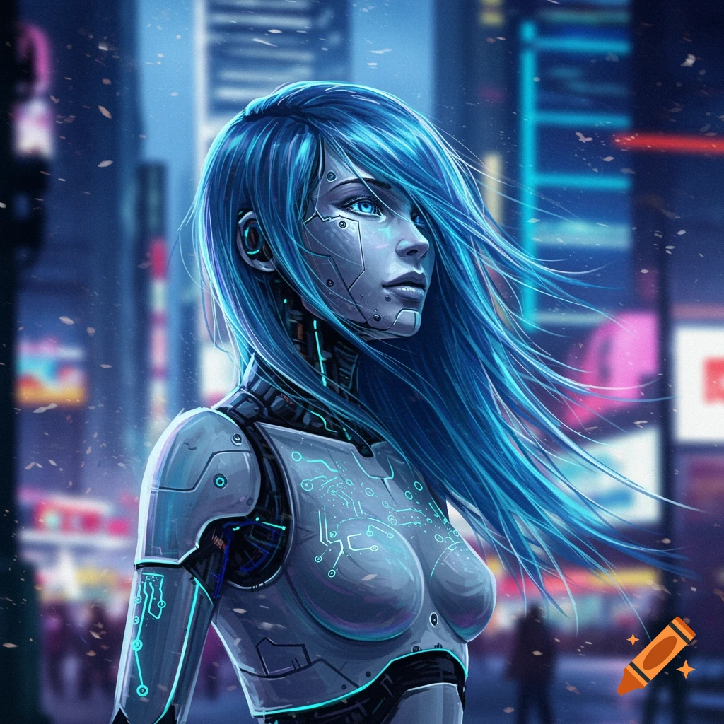 A close-up of a female robot with blue hair standing in a futuristic city at night, illuminated by neon lights.