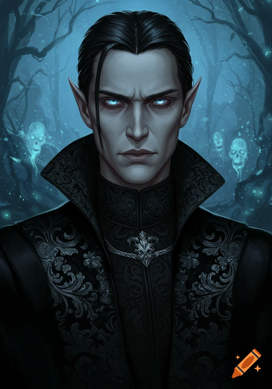 A stern dark elf portrait with glowing blue eyes, black hair, and an ornate black coat in a misty, haunted forest with floating skull spirits.