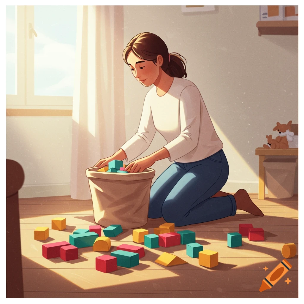 Illustrated woman kneeling on a sunny wooden floor, picking up colorful building blocks and putting them into a basket.