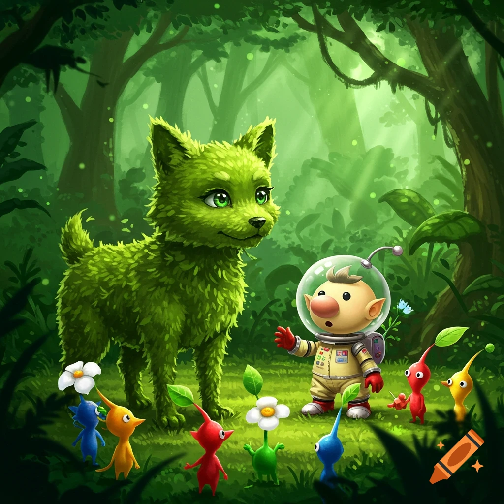 A green mossy dog stands in a lush, luminous forest with Olimar from Pikmin and several colorful Pikmin creatures.