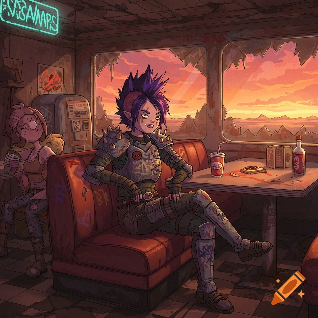 Two punk-rock raider girls hanging out in a derelict diner with a sunset view, in the style of Adventure Time.
