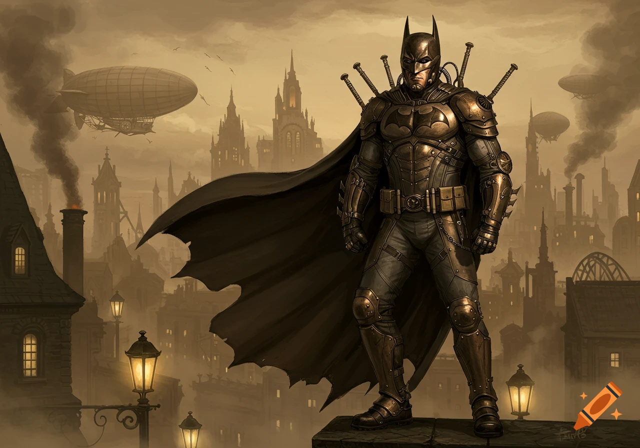 Steampunk Batman in intricate bronze armor and cape stands on a rooftop overlooking a hazy, smokey city with airships and tall buildings.