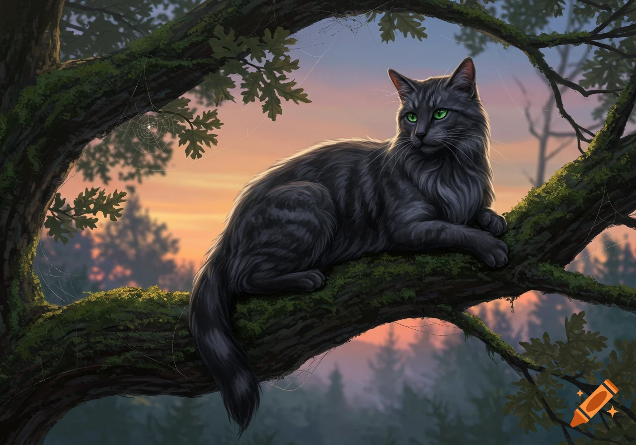 A grey tabby cat with bright green eyes rests on a mossy tree branch at sunset in a detailed digital painting.
