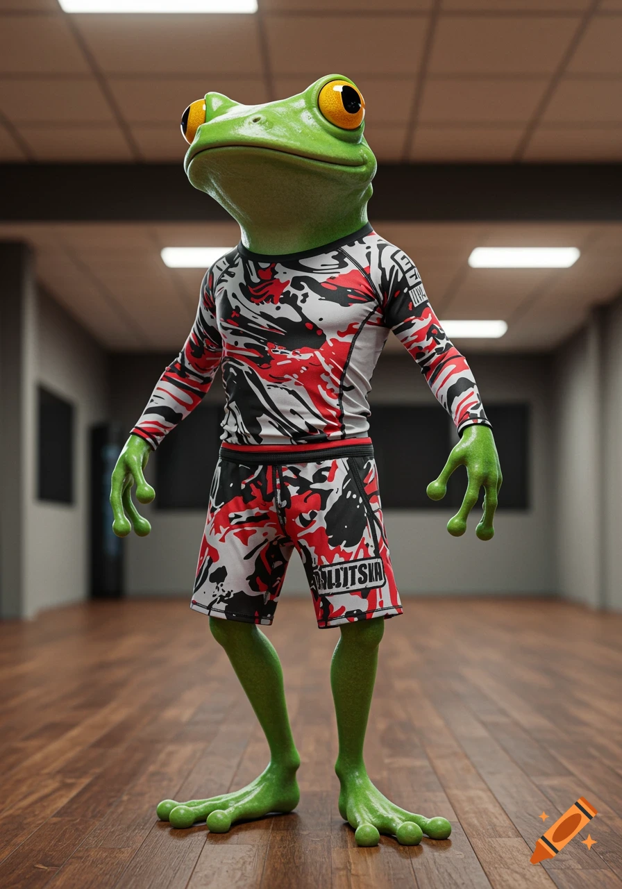 A green frog wearing a red, black, and white Brazilian Jiu-Jitsu rash guard and shorts stands on a wooden floor.