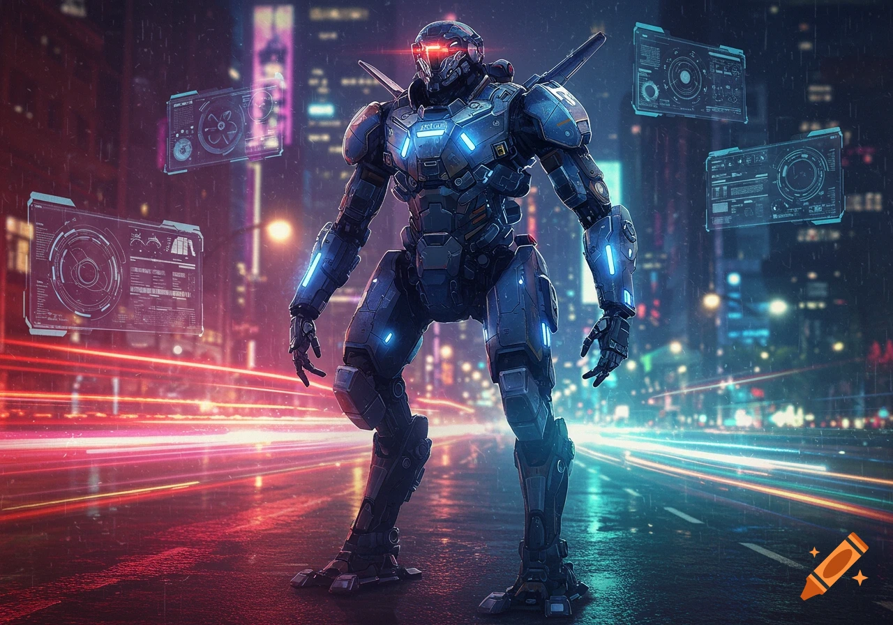 A powerful advanced police mech stands in a futuristic, rainy cyberpunk city street with glowing red and blue light trails and holographic displays.