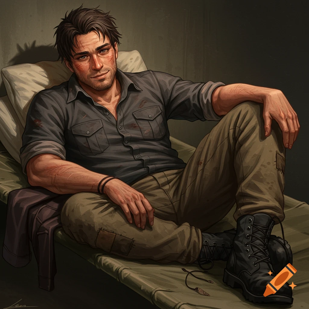 A rugged man with scars on his face and arms lies on a cot, wearing a gray utility shirt and cargo pants, looking at the viewer.