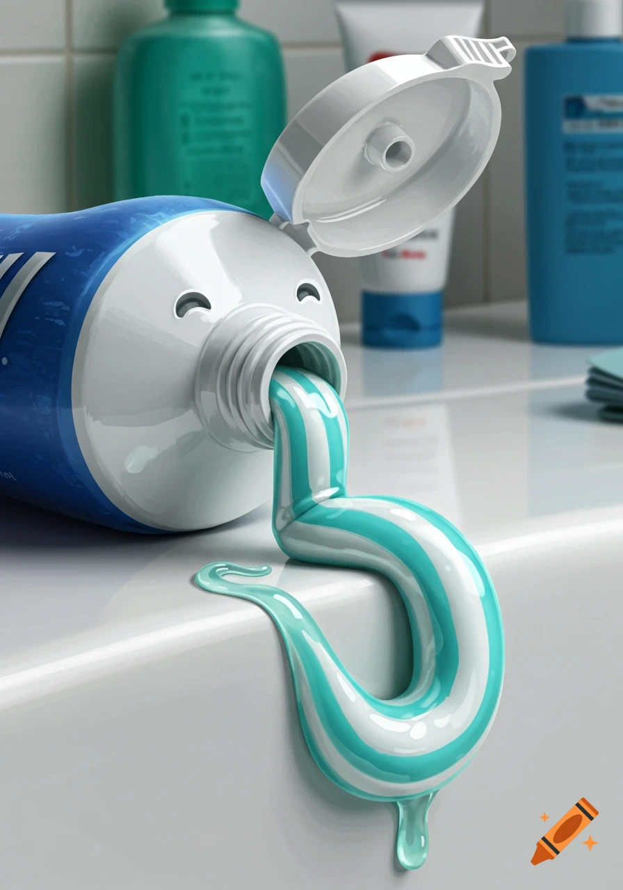 A blue and white toothpaste tube with a cartoon face, extruding a long, striped stream of toothpaste onto a white sink.