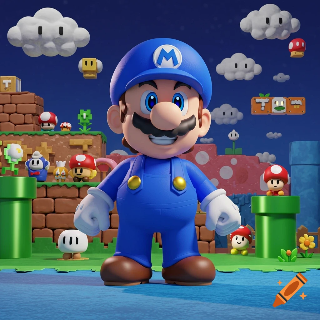 A 3D render of a blue-clad Mario-like character wearing an 'M' cap, standing in a vibrant Super Mario Bros. themed landscape.