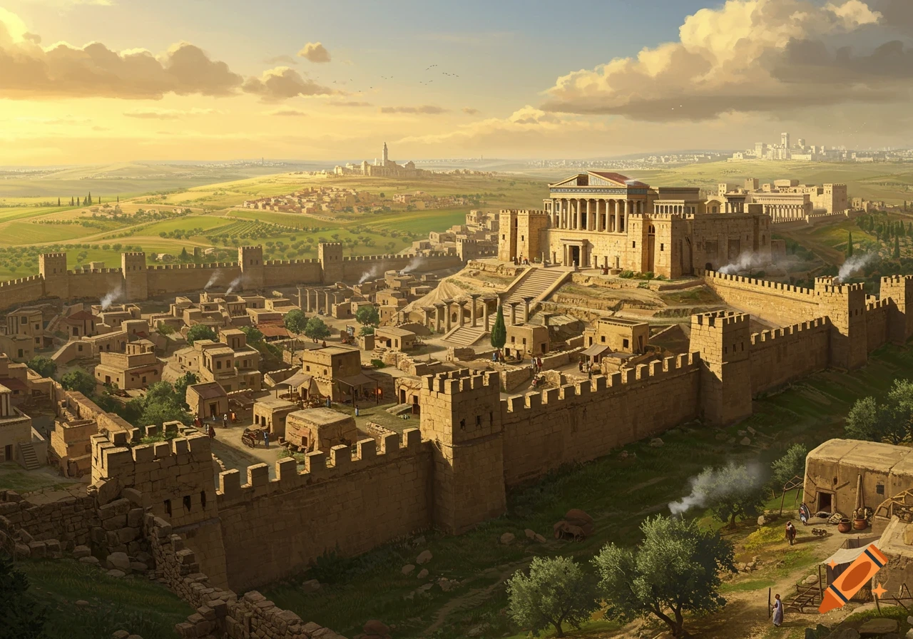 A fortified ancient city with stone walls and buildings, bathed in golden sunset light, surrounded by green fields.