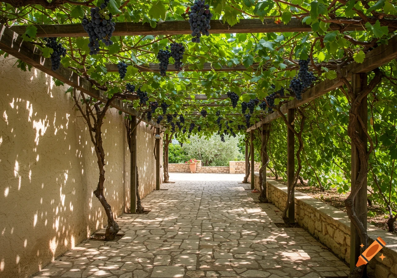 A photorealistic image of a stone-paved path beneath a pergola covered in green grapevines with bunches of dark grapes, dappled with sunlight.