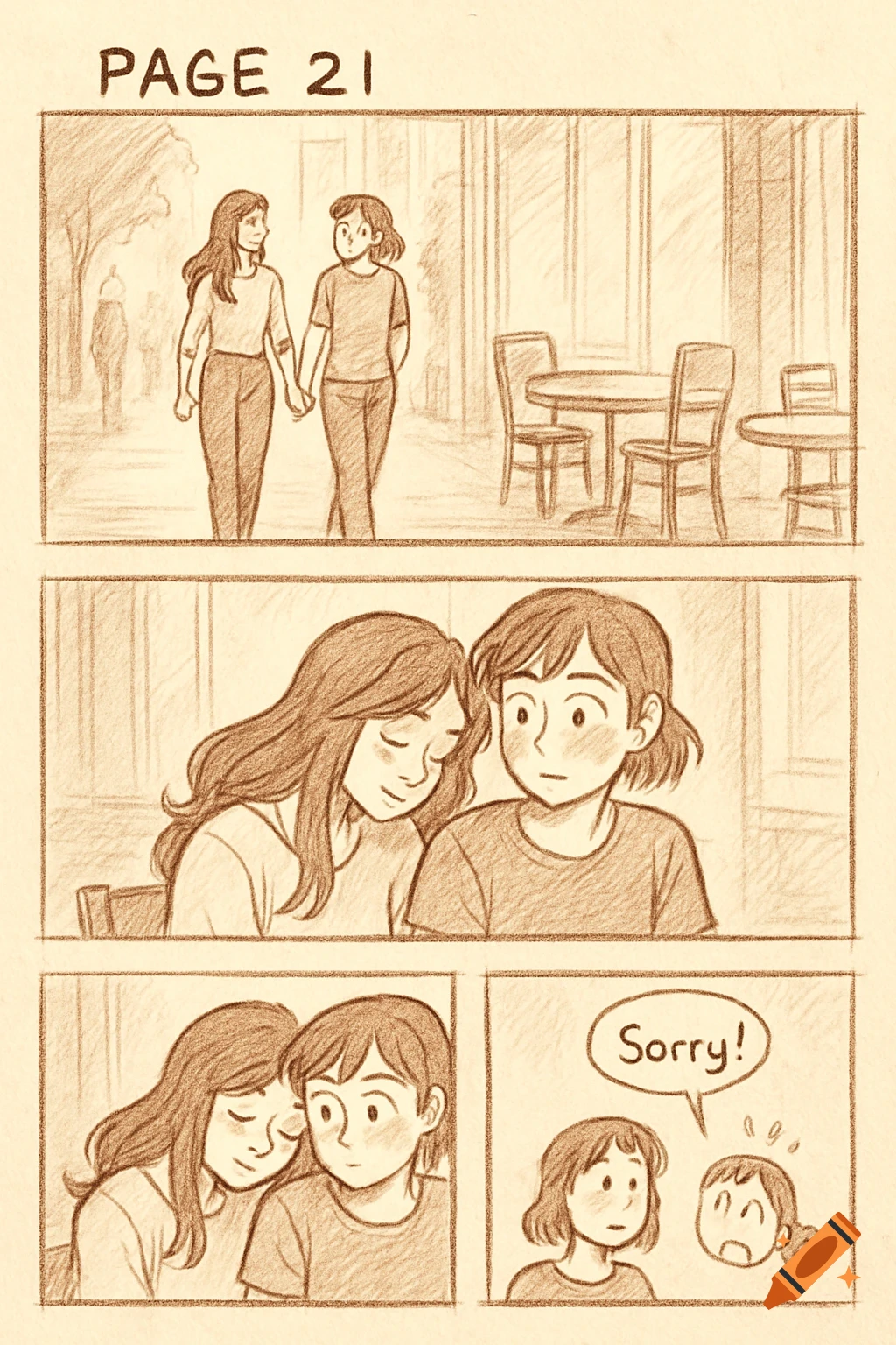 A sepia-toned comic strip showing two women. In the first panel, they walk hand-in-hand. Later panels show one resting her head on the other's shoulder, and a speech bubble with "Sorry!".