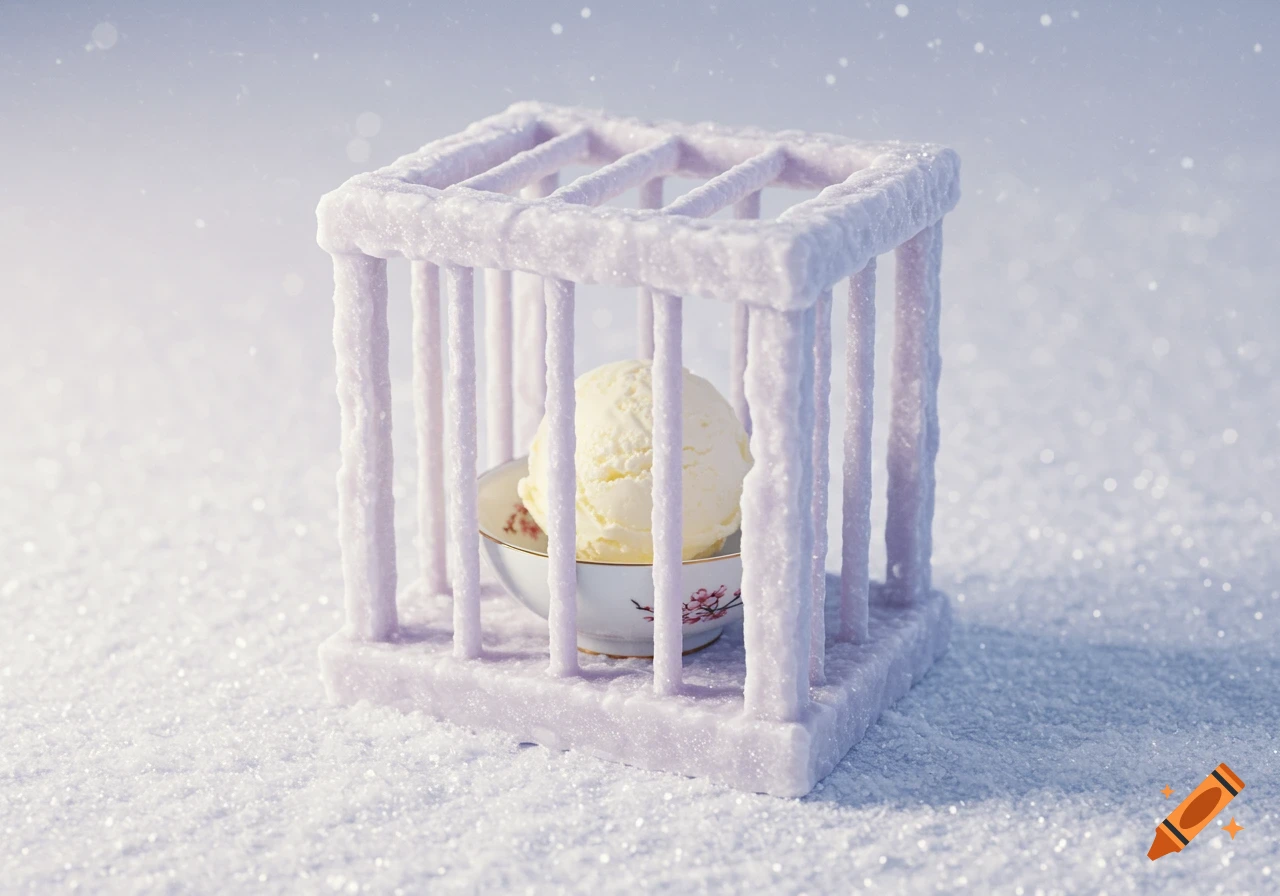A scoop of vanilla ice cream sits in a lavender-colored cage made of ice on a snowy white surface with falling snow.