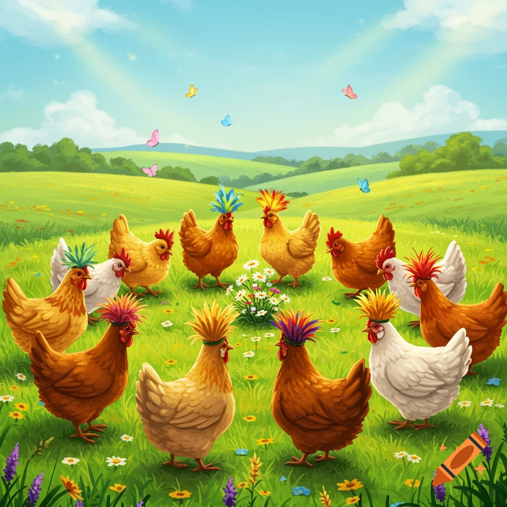 A colorful illustration of many chickens with elaborate feathered crests standing in a circle in a sunny green field with butterflies.