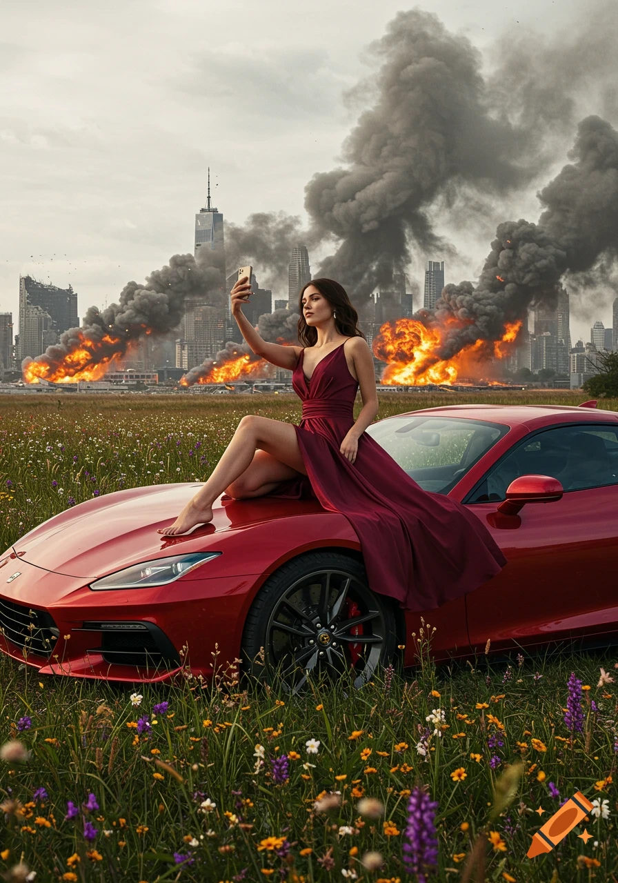 A woman in a red dress takes a selfie on a red sports car in a field of wildflowers, with a city on fire in the background.