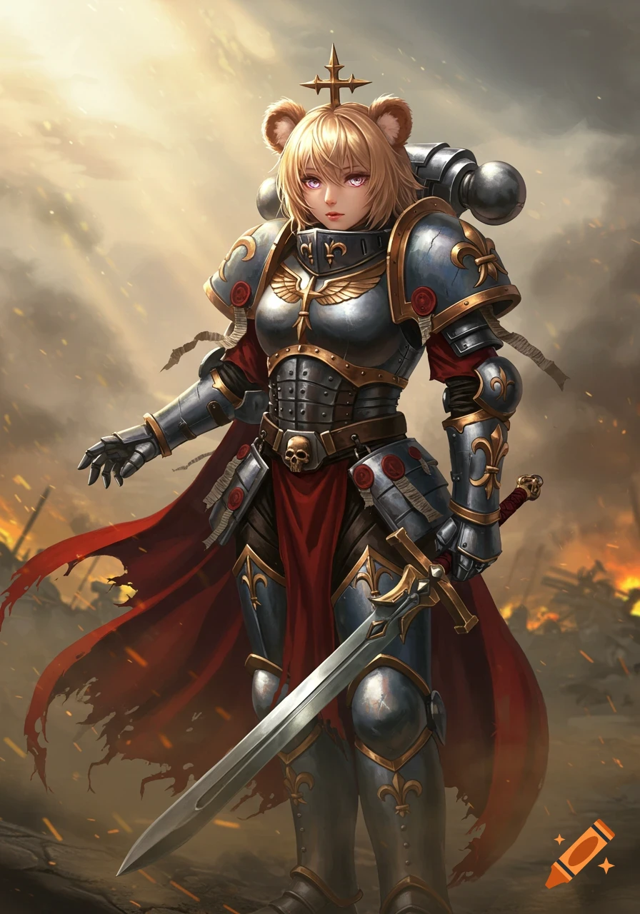 An anime girl with bear ears in Sister of Battle armor, holding a sword on a smoky battlefield under a stormy sky.