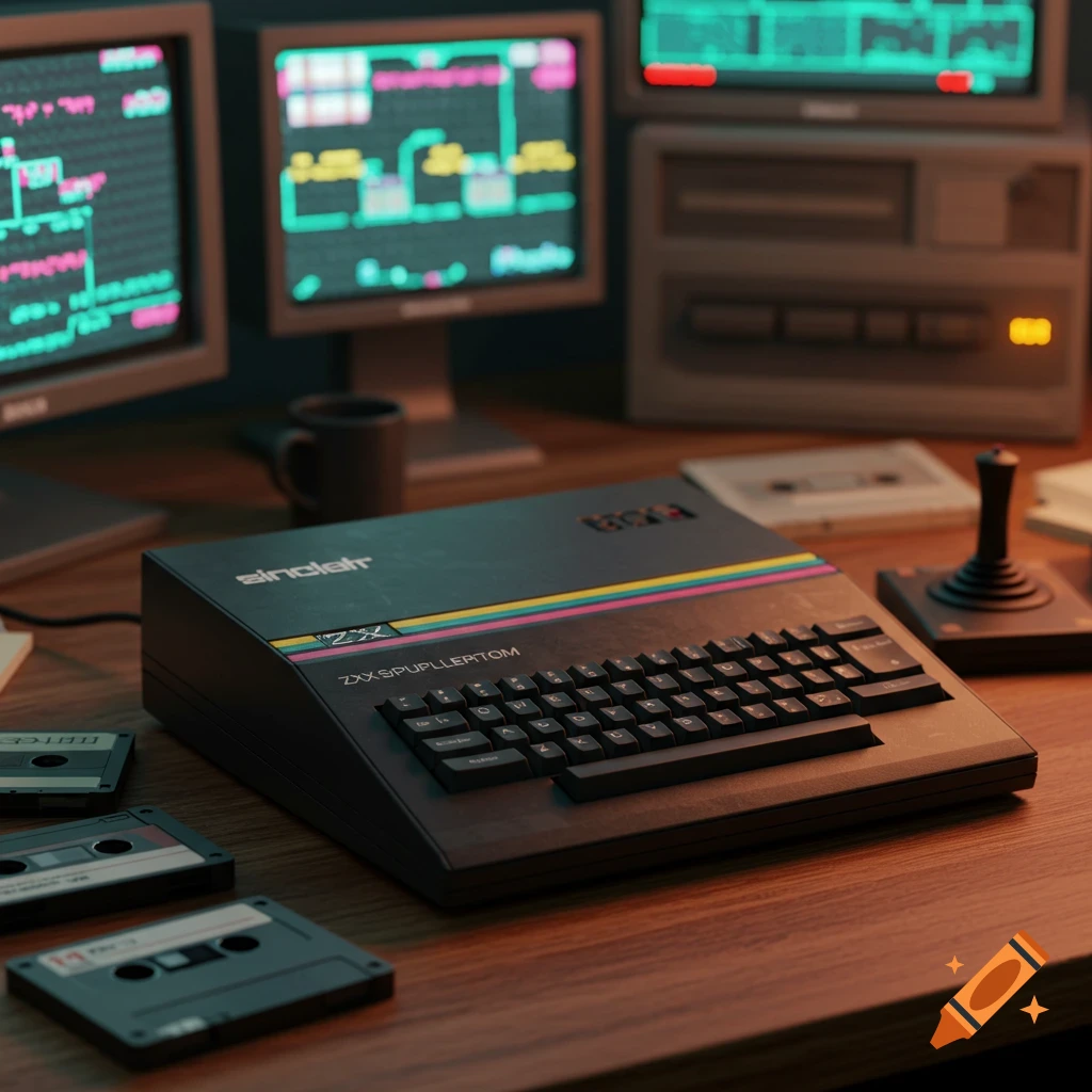A retro computing setup featuring a Sinclair ZX Spectrum-like computer, cassette tapes, a joystick, and old monitors with green and pink code.