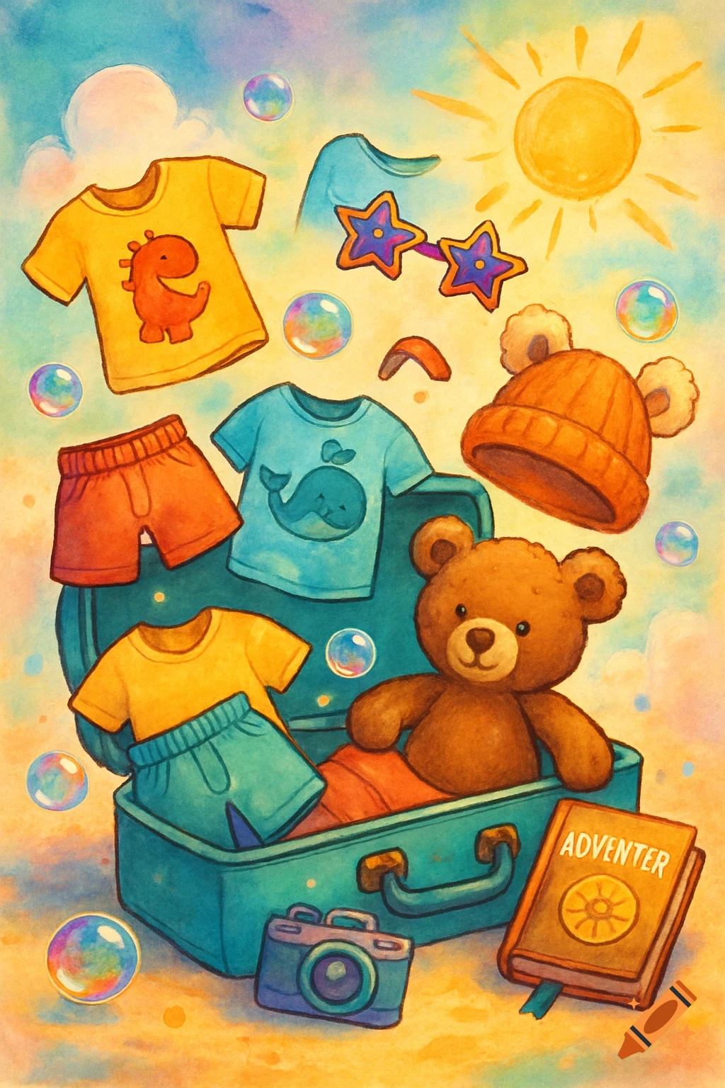Whimsical watercolor illustration of a teal suitcase overflowing with children's clothes, a teddy bear, camera, and a book, surrounded by bubbles under a sunny sky.