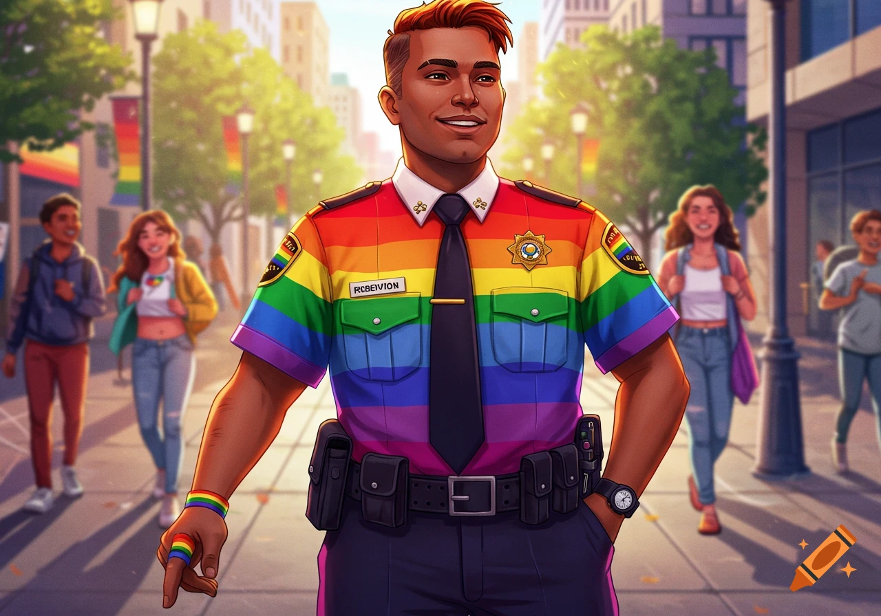 A smiling man in a rainbow-striped officer's uniform stands on a sunny city street with people walking in the background.