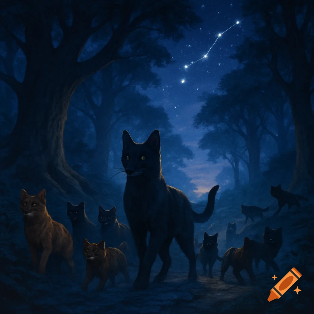 A group of cats, including a prominent black cat, in a dark forest at night under a starry sky with a bright constellation.