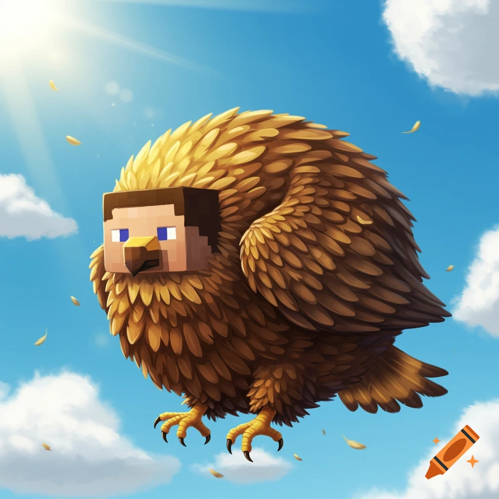 A large, fluffy, sphere-like eagle with a blocky Minecraft Steve head flies through a sunny blue sky with clouds and falling feathers. Digital art.