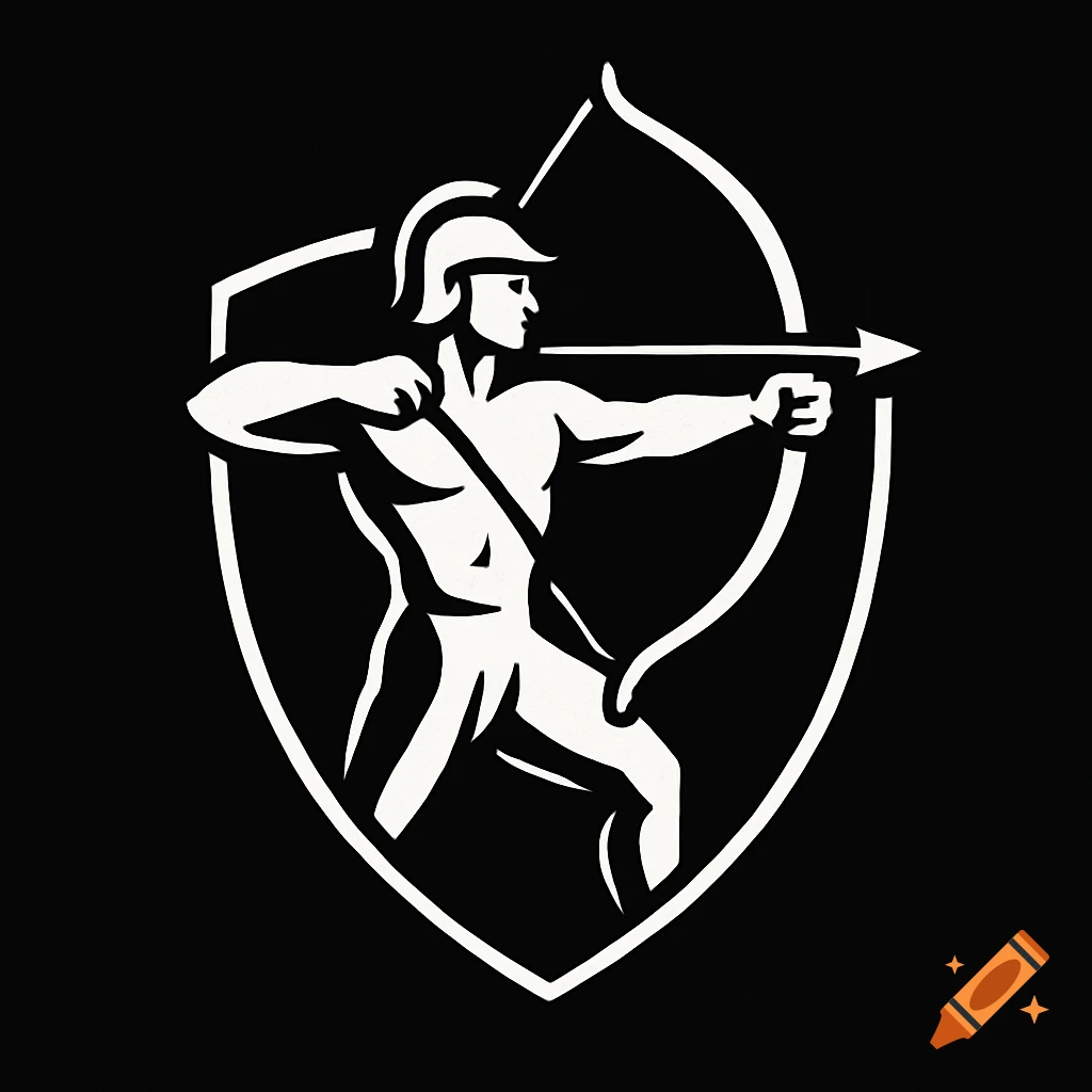 A white stylized logo of an archer wearing a helmet, aiming a bow and arrow, inside a shield shape on a black background.