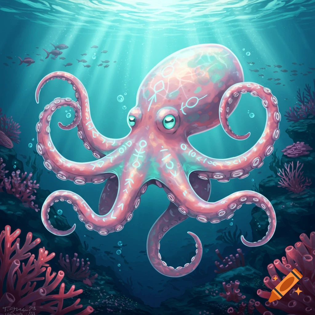 A vibrant pink and turquoise octopus with glowing symbols on its skin swims underwater, surrounded by coral and small fish, in an illustrated style.