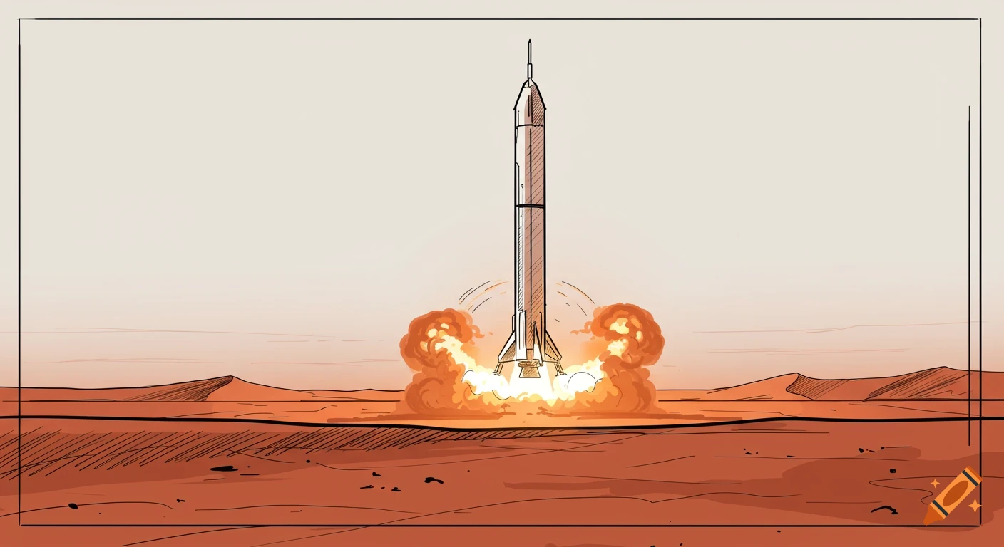 A line drawing illustration of a rocket launching from a desert-like planet with plumes of fire and smoke.