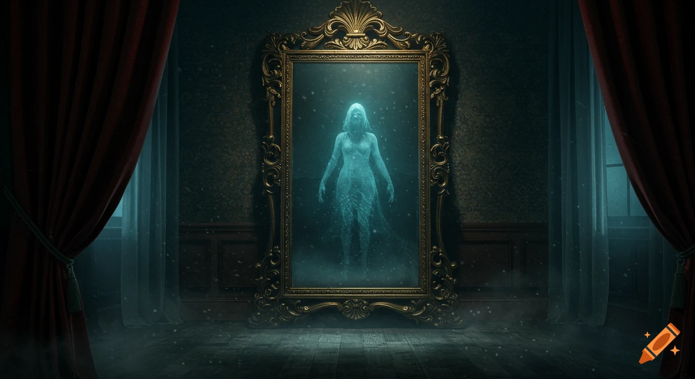 A ghostly figure appears in an ornate golden mirror in a dim, gothic Victorian room.