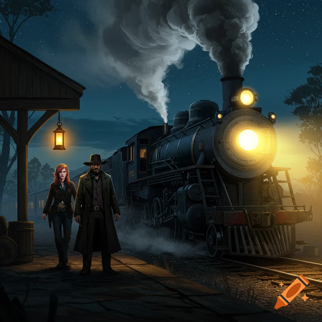 A man and woman in long coats walk on a train platform at night as a steam train with a bright headlight approaches.