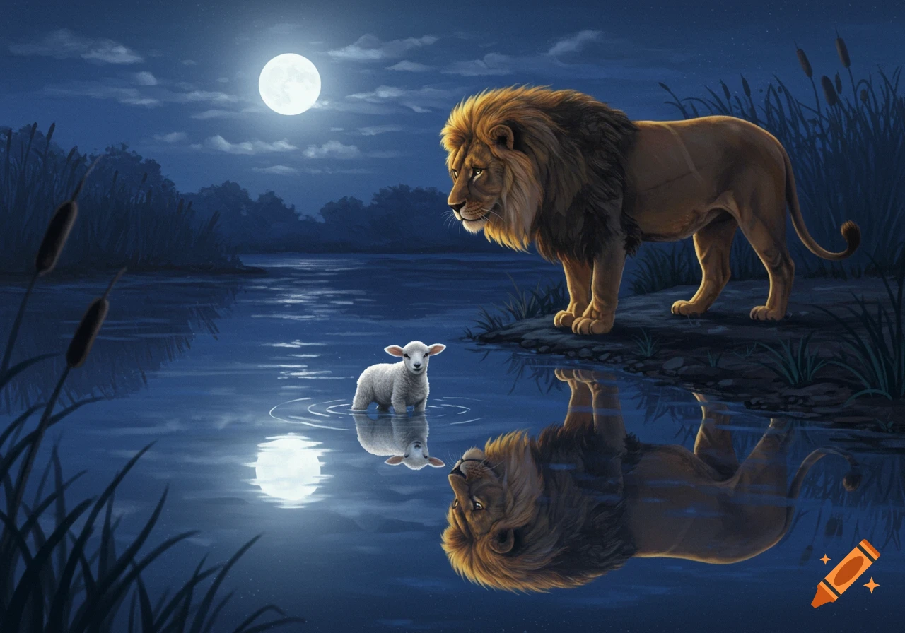 A majestic lion stands by a moonlit river, gazing at its reflection, which appears as a gentle lamb. Cat-tails line the banks.