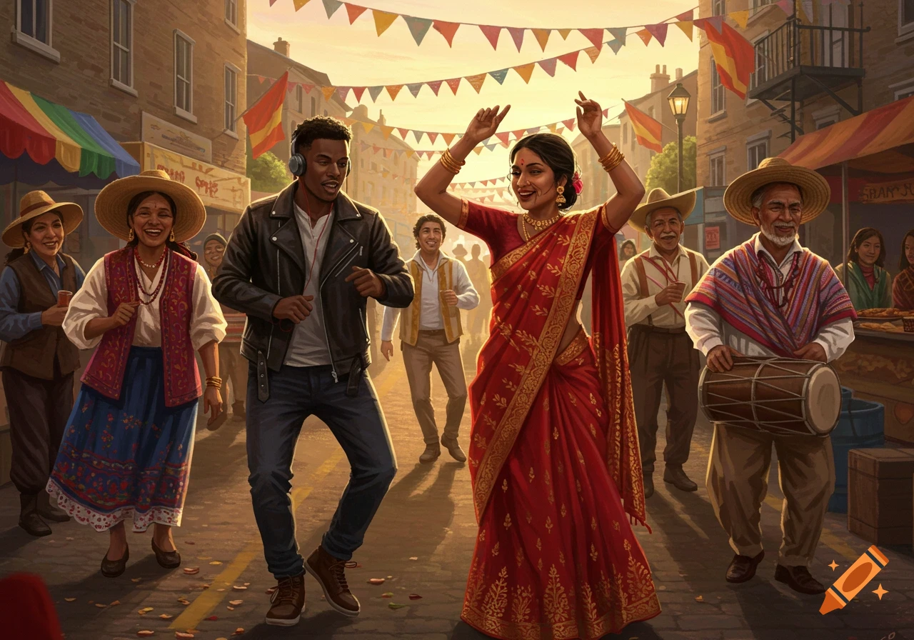 A diverse group of people dance and celebrate at a vibrant street festival with colorful banners overhead and a man playing a drum.