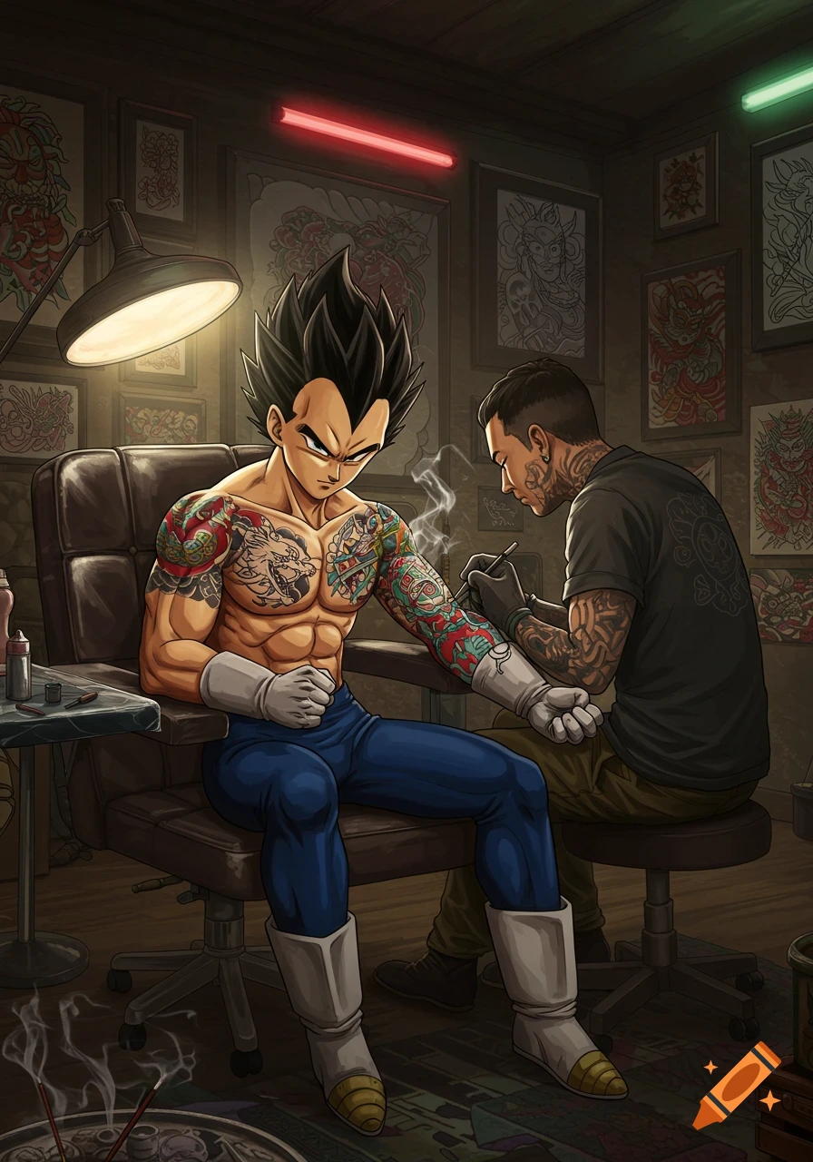 Anime illustration of Vegeta from Dragon Ball getting a full sleeve tattoo in a dimly lit tattoo parlor.
