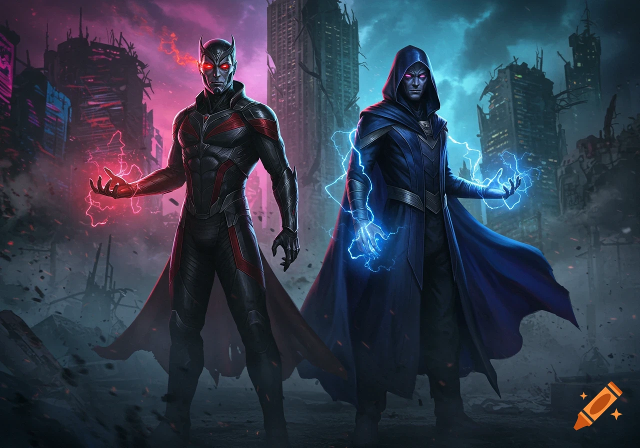 Two super villains with glowing eyes and powers stand amidst ruined buildings under a split sky.