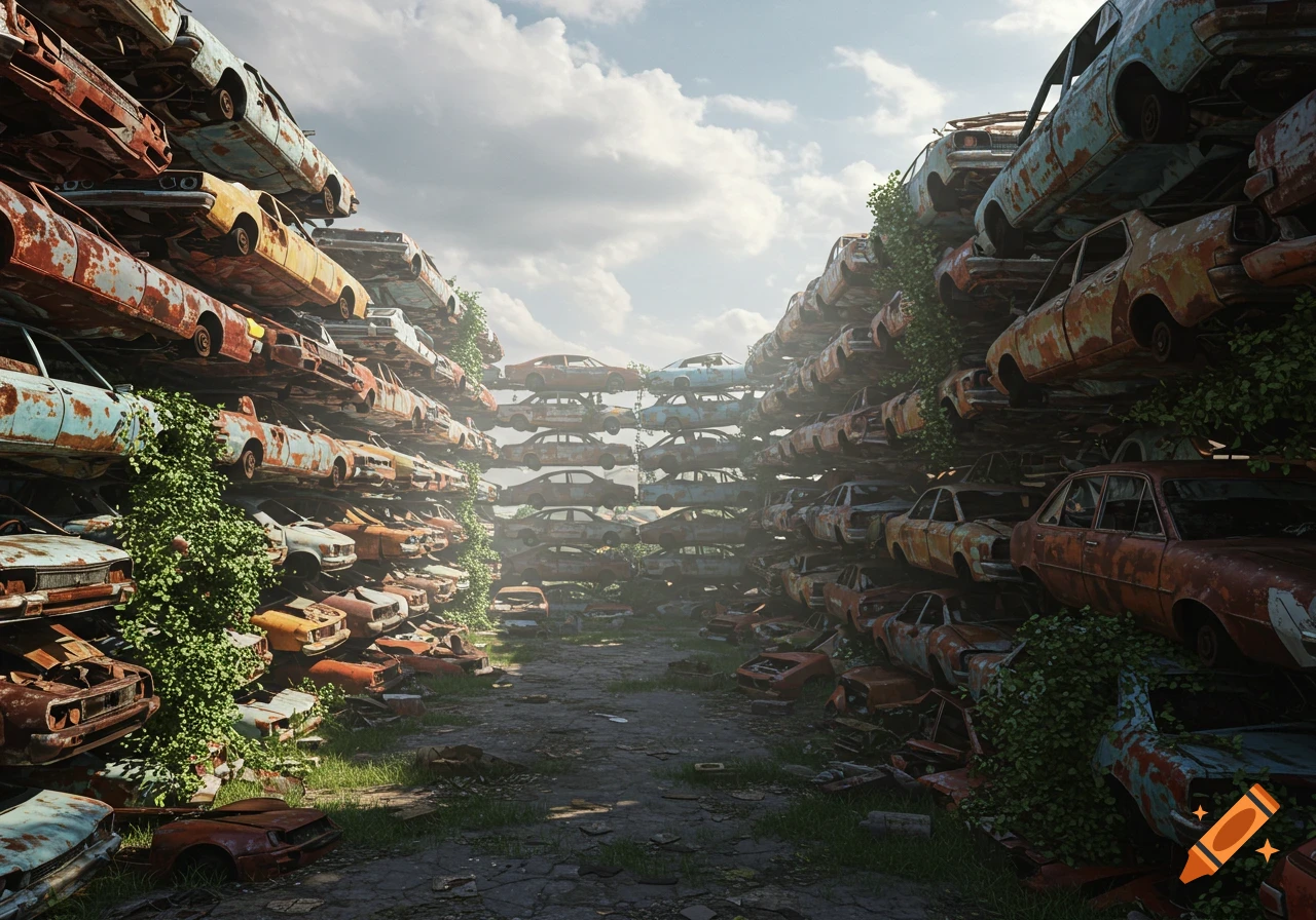 Photorealistic view of a junkyard with towering stacks of rusted cars overgrown with green vines under a cloudy sky.