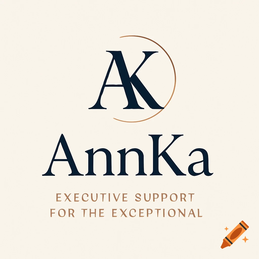 A minimalist and elegant logo featuring a stylized 'AK' monogram in dark navy, encircled by a rose gold ring, above the name 'AnnKa' and the tagline 'Executive Support for the Exceptional' in serif fonts, all on an off-white background.