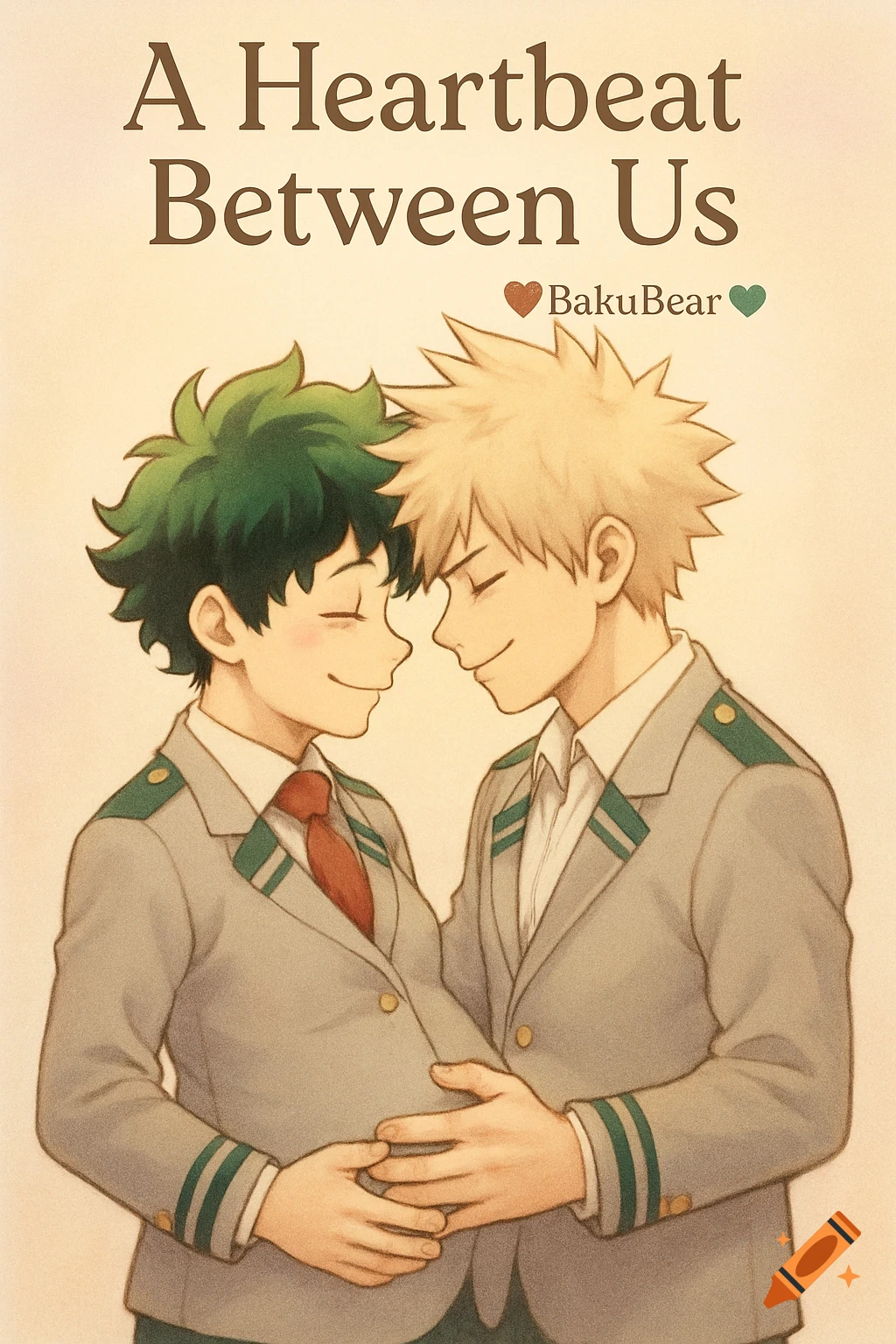 Two male anime characters in school uniforms, one with green hair, appears pregnant, embraced by a blond-haired character, both smiling in a tender moment.