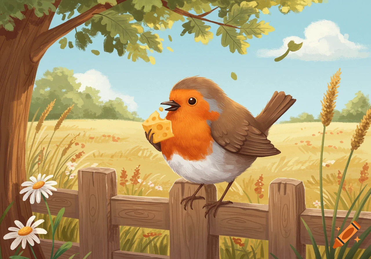 An illustrated robin bird sits on a wooden fence eating a piece of cheese in a sunny field.