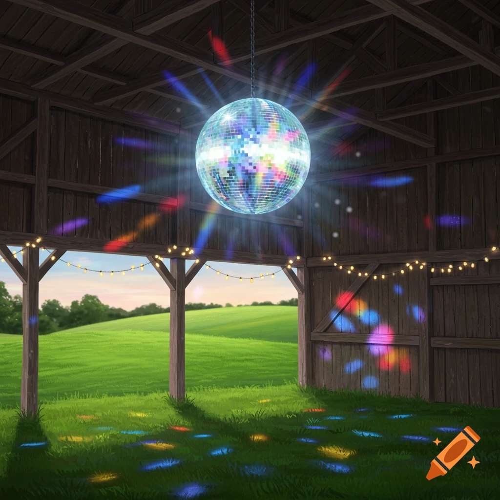 A disco ball hangs inside a rustic barn, casting colorful light onto the wooden walls and grassy floor, with green fields outside.