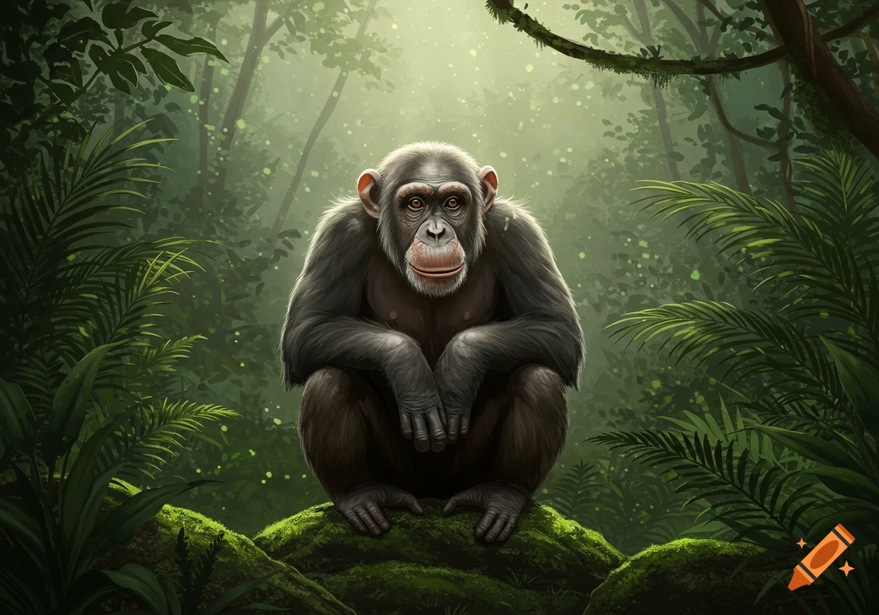 A chimpanzee sits on a mossy rock in a lush, sunlit jungle.