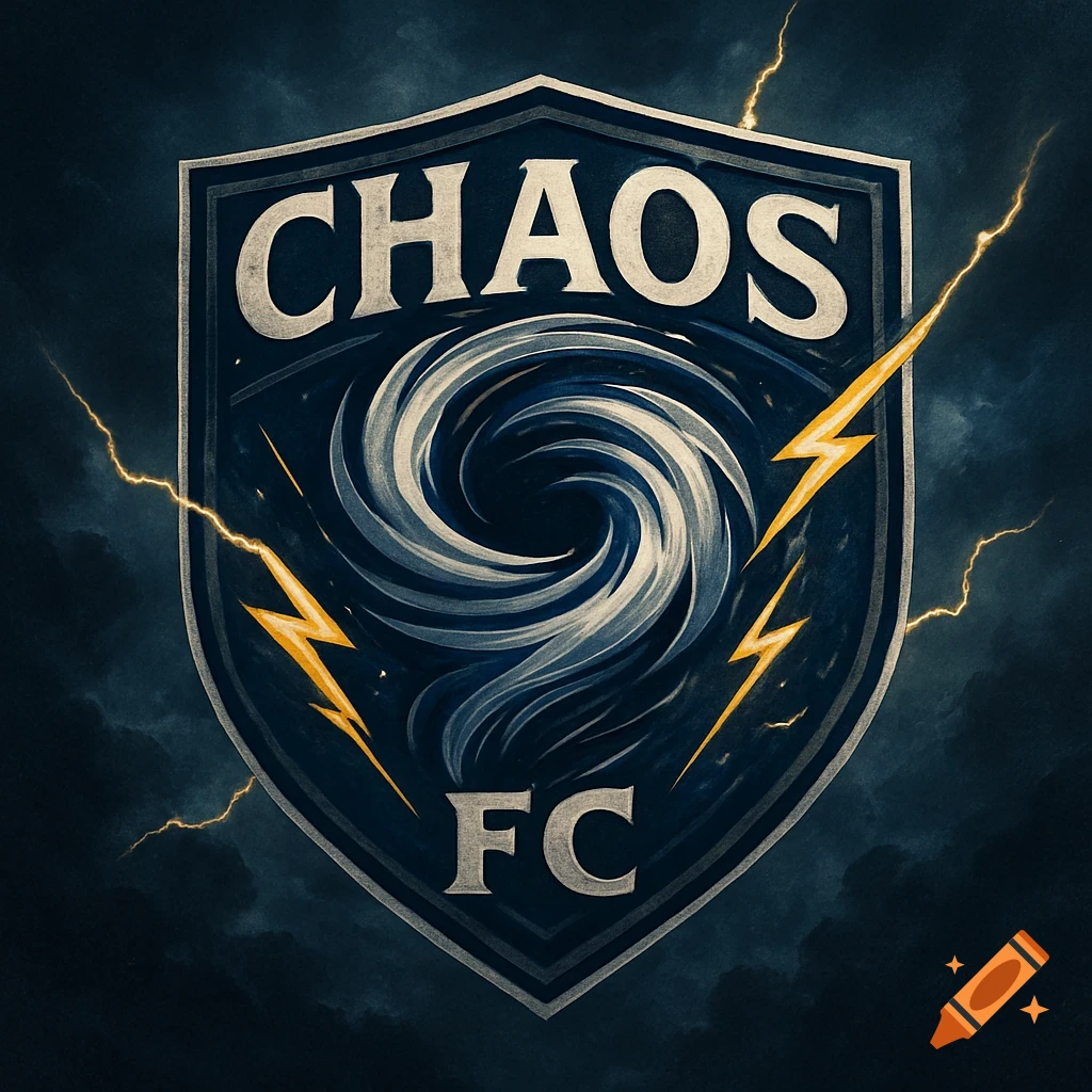 A shield logo with 'CHAOS' and 'FC', featuring a swirling storm vortex and lightning bolts against a dark, cloudy background.